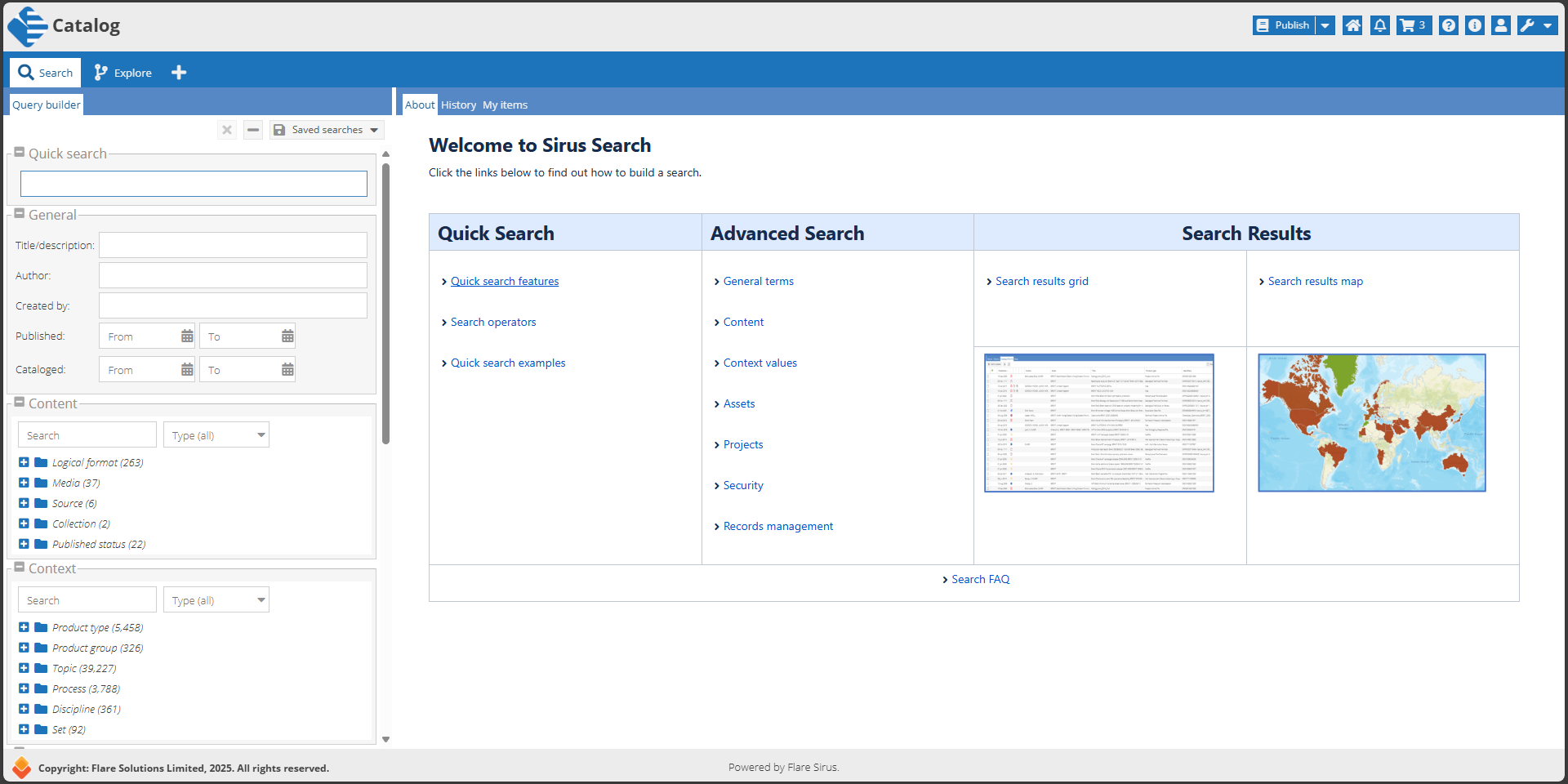 Flare's Intelligent Search screen shot enabling more focussed, more relevant search results