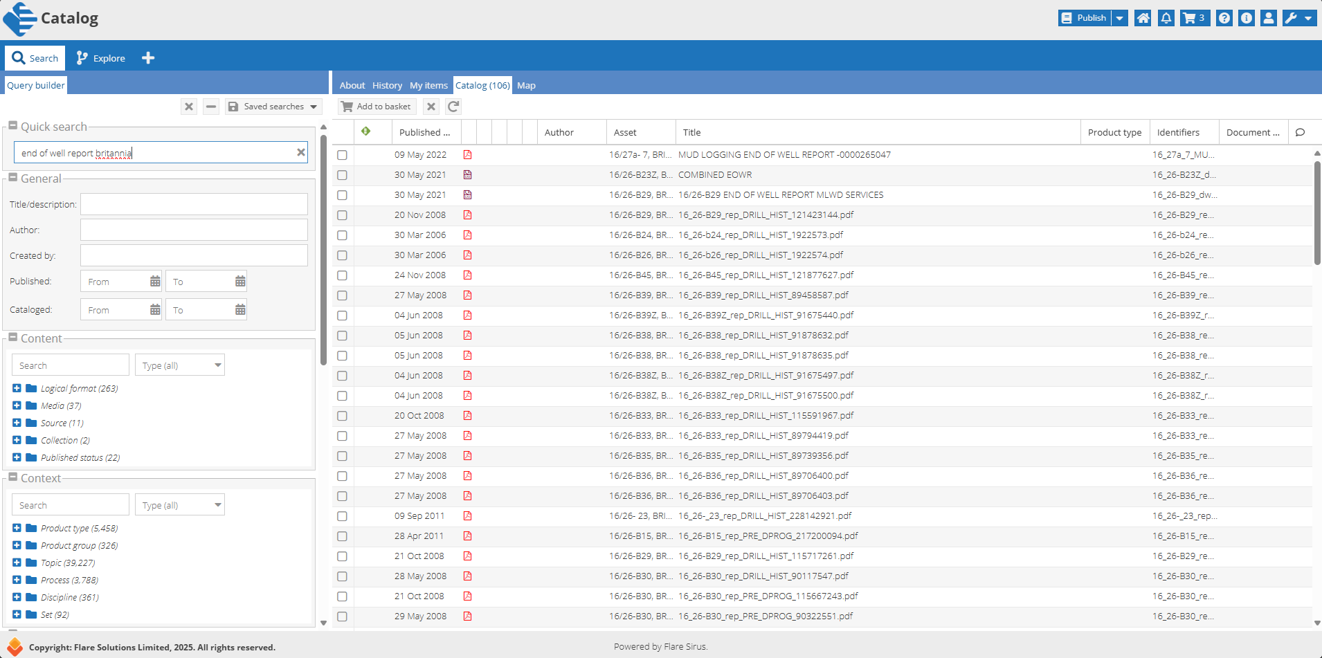 Catalog Intelligent Search for Britannia End of Well Reports