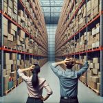 Two people scratching their heads with backs to the camera, staring at a warehouse (AI Generated)